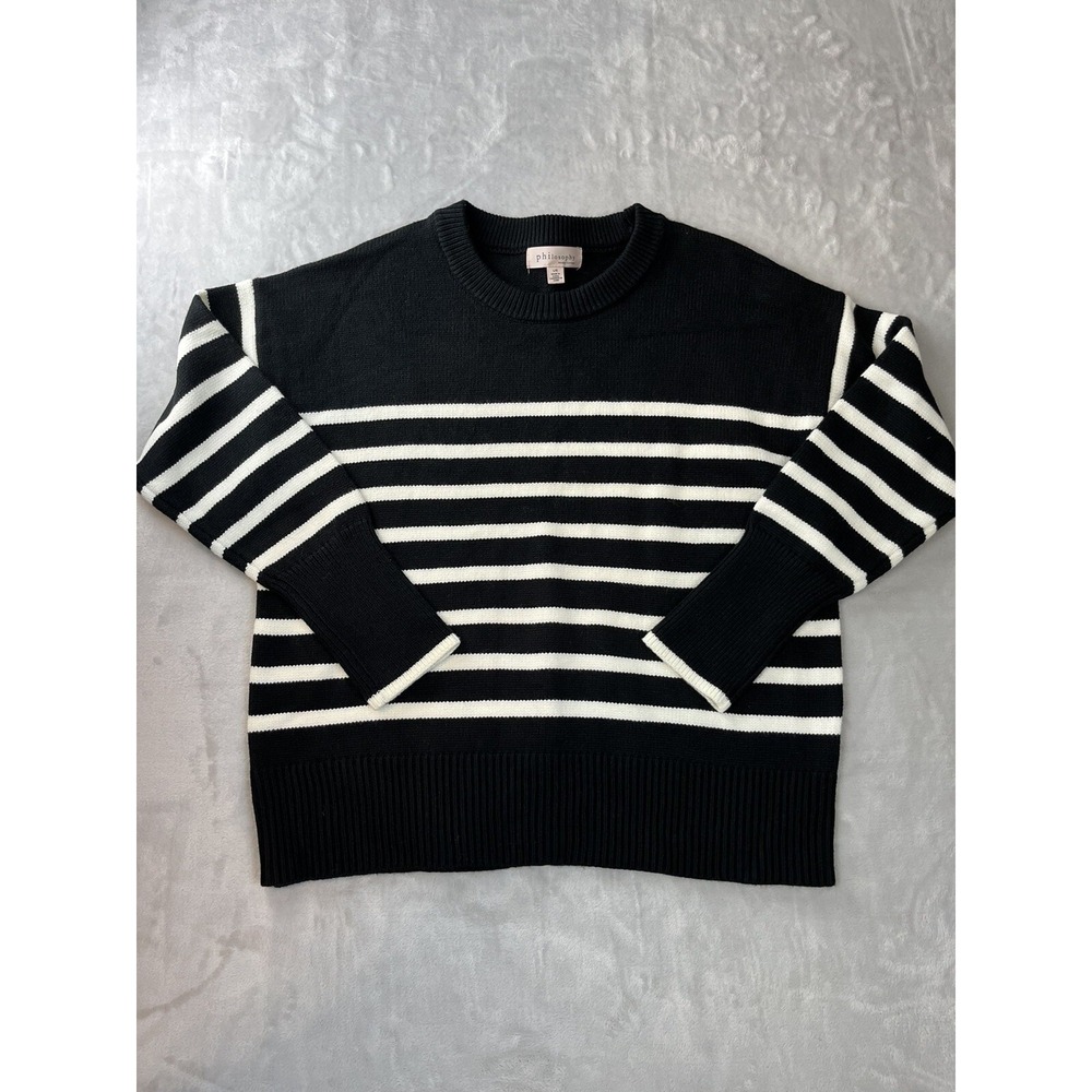 PHILOSOPHY Republic Clothing Womens Long Sleeve Stripped Black Cream Sweater L